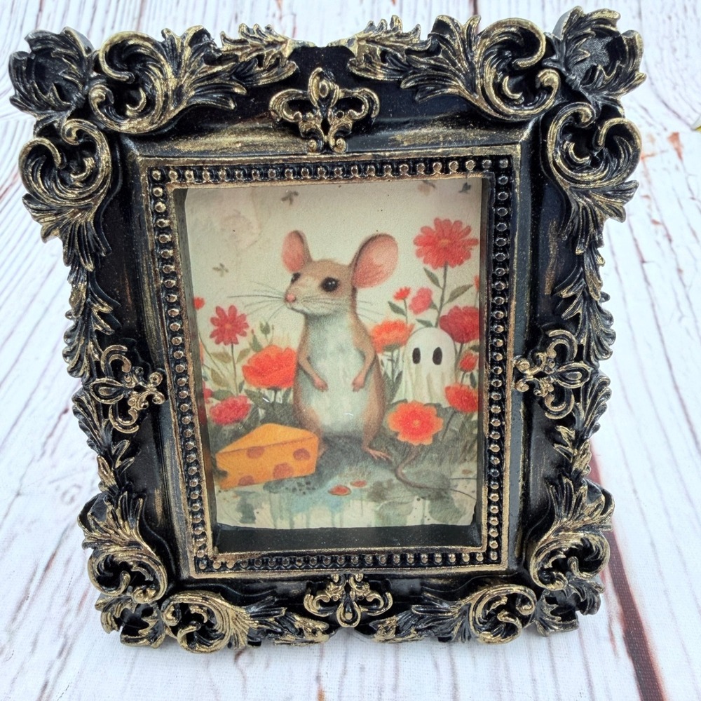 Miniature Mouse and Ghost Decoupage Art Ornate Black Gold Resin Frame